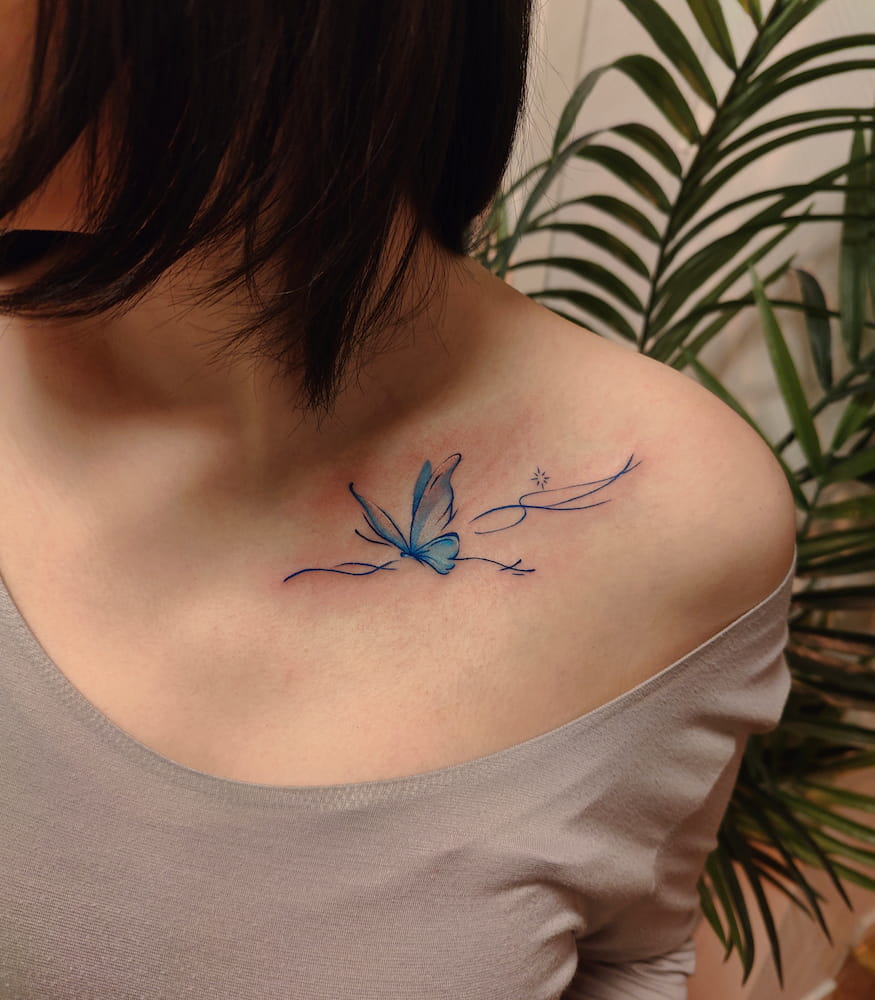 Blue butterfly color tattoo Uppsala Sweden